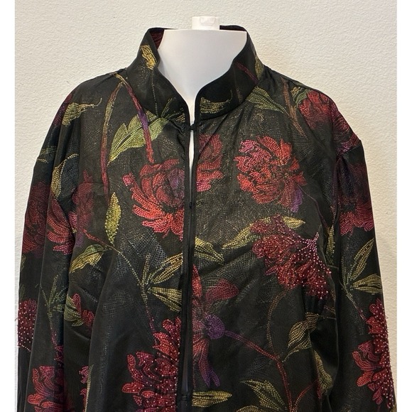 Chico's 100% Silk Asian Inspired‎ Beaded Floral Jacket Womens XL Black Career - Picture 2 of 12
